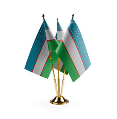 Small national flags of the Uzbekistan on a white background