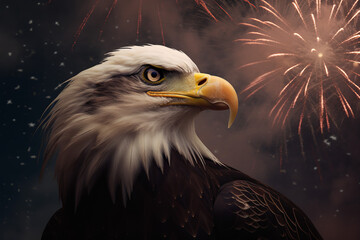 USA 4th of July Independence day bald eagle with firework on night sky American Generative AI