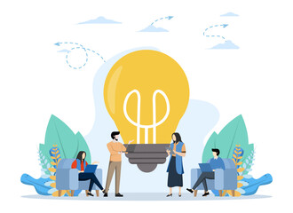 Teamwork Brainstorming concept, with team characters discussing to generate ideas, Suitable for landing page, UI, web, app intro card, editorial, flyer and banner, Vector Illustration.