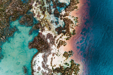 Aerial view of the many different vibrant colours in the ocean. Boundary Island, Mandurah, Western...