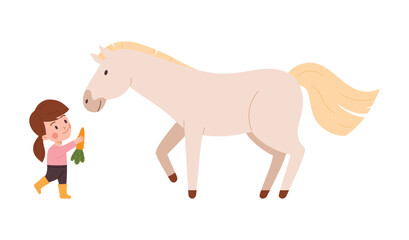Cute girl child feeding horse with carrot, cartoon flat vector illustration isolated on white background.