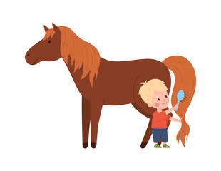 Little boy brushing horse tail with brush, cartoon flat vector illustration isolated on white background.