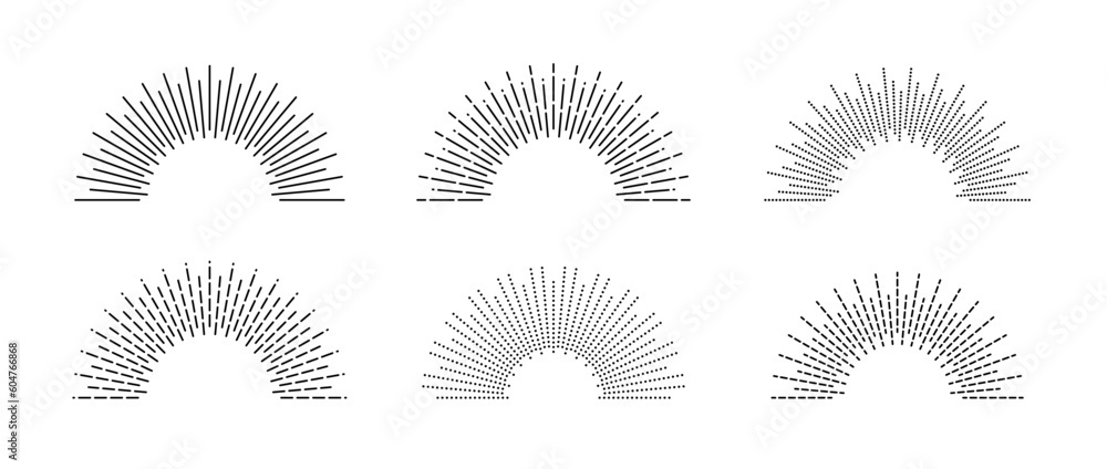 Poster half circle sunburst frame set. sunrise and sunshine rays symbols pack. radial light rays collection