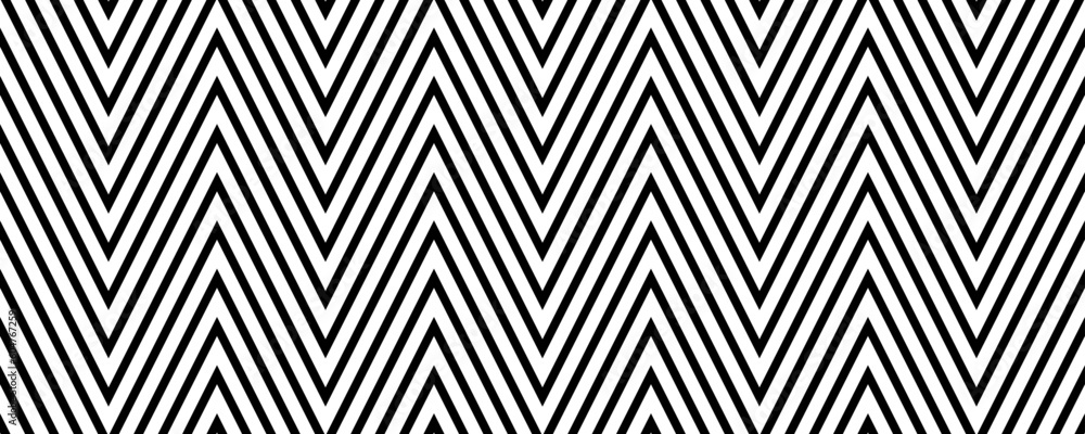 Poster Zig zag seamless pattern. Black white herringbone ornament background. Repeating chevron motif texture with diagonal lines. Vector illustration