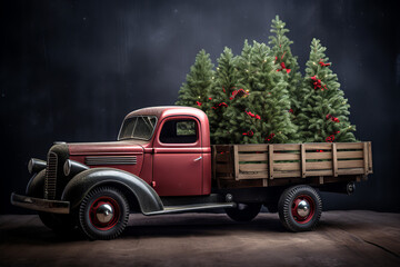 Fototapeta na wymiar Vintage Christmas truck carrying a fir tree. Festive background. Generative Ai 