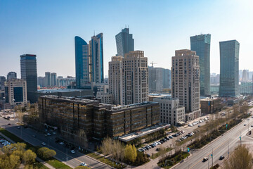 Naklejka na ściany i meble View of city center of Nur Sultan, the capital of Kazakhstan. Shooting from drone in Astana