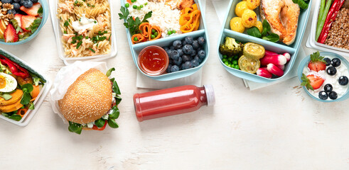 Restaurant healthy food delivery in take away boxes for daily nutrition on white background.