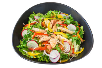 Chicken salad with radish, arugula,  and tomatoes isolated on white background