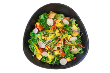 Vegetarian salad with radish, arugula, pineapple and tomatoes isolated on white background