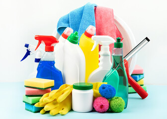 Cleaning products. Bottles, rubber gloves and sponge. Housework concept