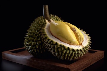Delicious durian fruit in front of black background using generative AI 