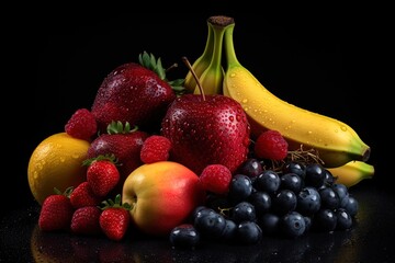 colorful tropical fruits in front of black background with copy space using generative AI