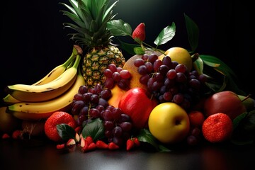 Assorted colorful tropical fruits in front of black background using generative AI
