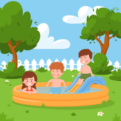 Obraz na płótnie Canvas Happy little kids playing in inflatable swimming pool, cartoon flat vector illustration.
