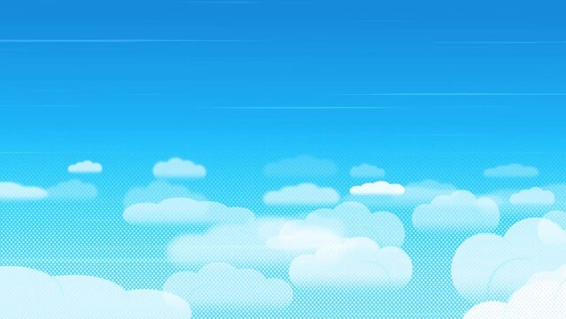 Textured Blue sky full of clouds moving right to left. Cartoon sky animated gradient background. 