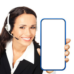 Customer support phone operator in headset hold show smartphone cell phone mobile empty mockup...