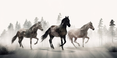Horses running through fog using geometric abstraction