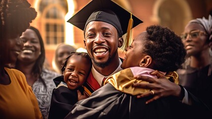 African student beaming, wearing cap and gown, and hugging parents. GENERATE AI - obrazy, fototapety, plakaty