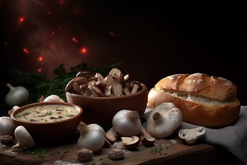still life with garlic bread and mushroom soup using generative AI 
