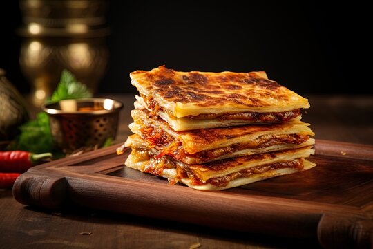 AI generated closeup of Malaysian Murtabak with black background 