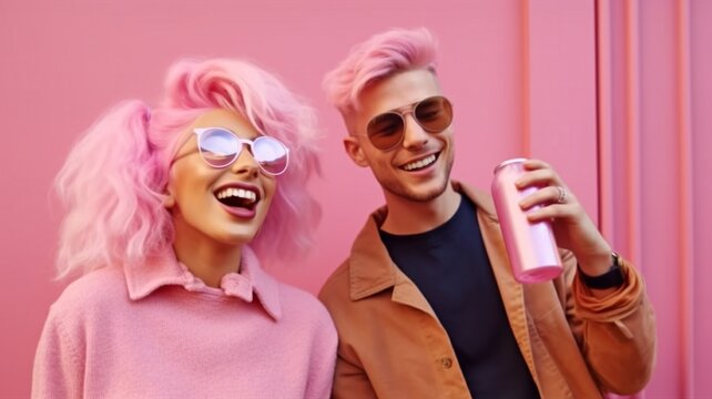 two couples enjoying themselves On a pink background, clutching a glass of Cola while wearing a monochromatic urban pink clothing, this image is hip and stylish. GENERATE AI