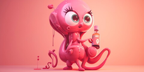 cartoon uterus character with a maternal expression, holding a baby bottle and a rattle. Generative AI