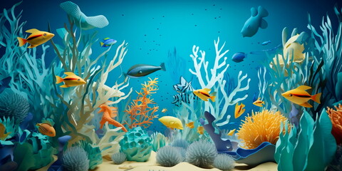 Obraz na płótnie Canvas paper art underwater scene with different sea creatures and plants. Generative AI