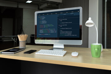 Software development programming on computer screen for modish application and program coding