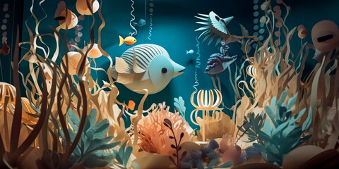 Fototapeta na wymiar paper art underwater scene with different sea creatures and plants. Generative AI