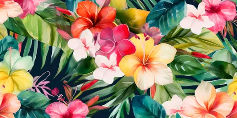  Tropical watercolor floral pattern with hibiscus and frangipani flowers, ideal for use in swimwear or beach-themed designs. Generative AI © Лилия Захарчук