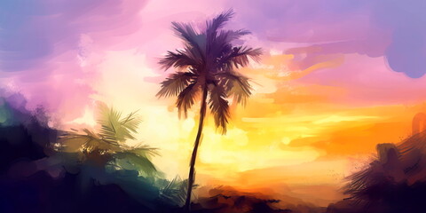Obraz na płótnie Canvas watercolor painting of a palm tree with a sunset in the background, perfect for use as a phone wallpaper. Generative AI