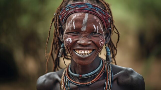 East African native lady grinning Put on some face paint and a headpiece. GENERATE AI