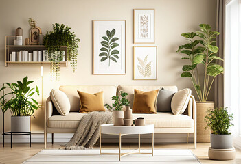 Interior of modern living room with sofa, coffee table, bookshelf, 3d render generative ai