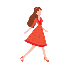 Beautiful stylish young woman in red dress flat vector illustration isolated.