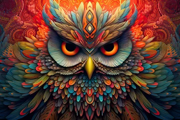 Foto op Plexiglas a portrait of a psychedelic owl wearing hat .AI Generative © surassawadee