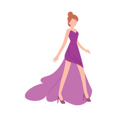 Obraz na płótnie Canvas Fashion model in stylish long evening dress flat vector illustration isolated.