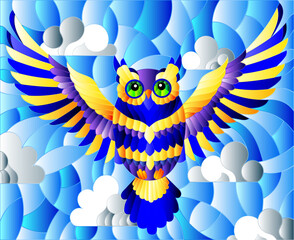 Illustration in stained glass style with abstract blue owl flying on sky background with clouds