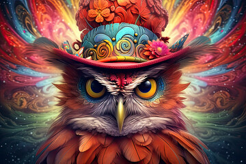 a portrait of a psychedelic owl wearing hat .AI Generative