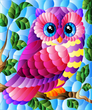 A stained glass illustration with a cute cartoon owl sitting on a tree branch against a blue sky