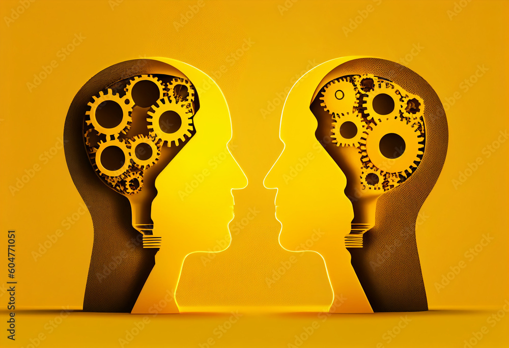 Wall mural conceptual image of two human heads with gears and cogwheels generative ai