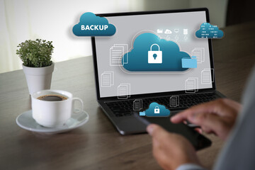 storage backup download computing digital data transferring document database cloud on laptop...