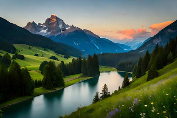 Fototapeta premium Stunning Views Picture Perfect Oasis with Rivers and Towering Mountains Create With Generative AI
