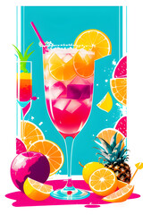 Cocktail with fruits, retro illustration. Generative AI