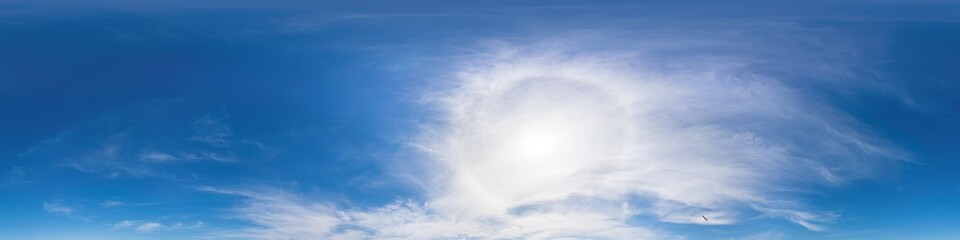 Blue summer sky panorama with light Cirrus clouds. HDR 360 seamless spherical panorama. Full zenith or sky dome for 3D visualization, sky replacement for aerial drone panoramas.