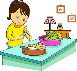 Cute girl cooking was cut knife and first aid for bleeding isolated  illustration