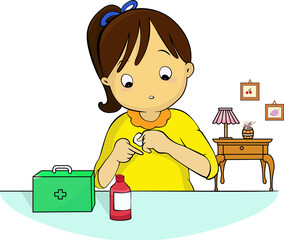 Girl bandage up and first aid for bleeding isolated illustration