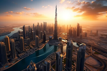 Aerial view of Dubai city in sunset light.AI Generative