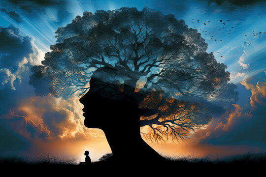 a silhouette of a tree from the head of a person.AI Generative