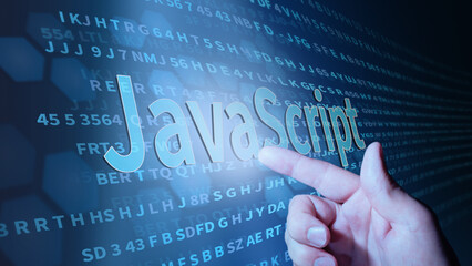 Java Script inscription in abstract digital background. Programming language, computer courses, training.3d illustration