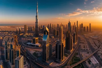 Foto op Canvas Aerial view of Dubai city in sunset light.AI Generative © surassawadee
